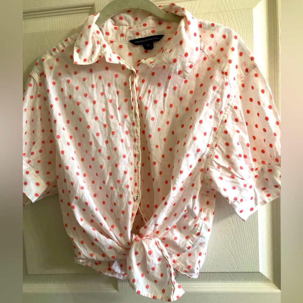 French Connection Polka Dot Pink Tie Front Top